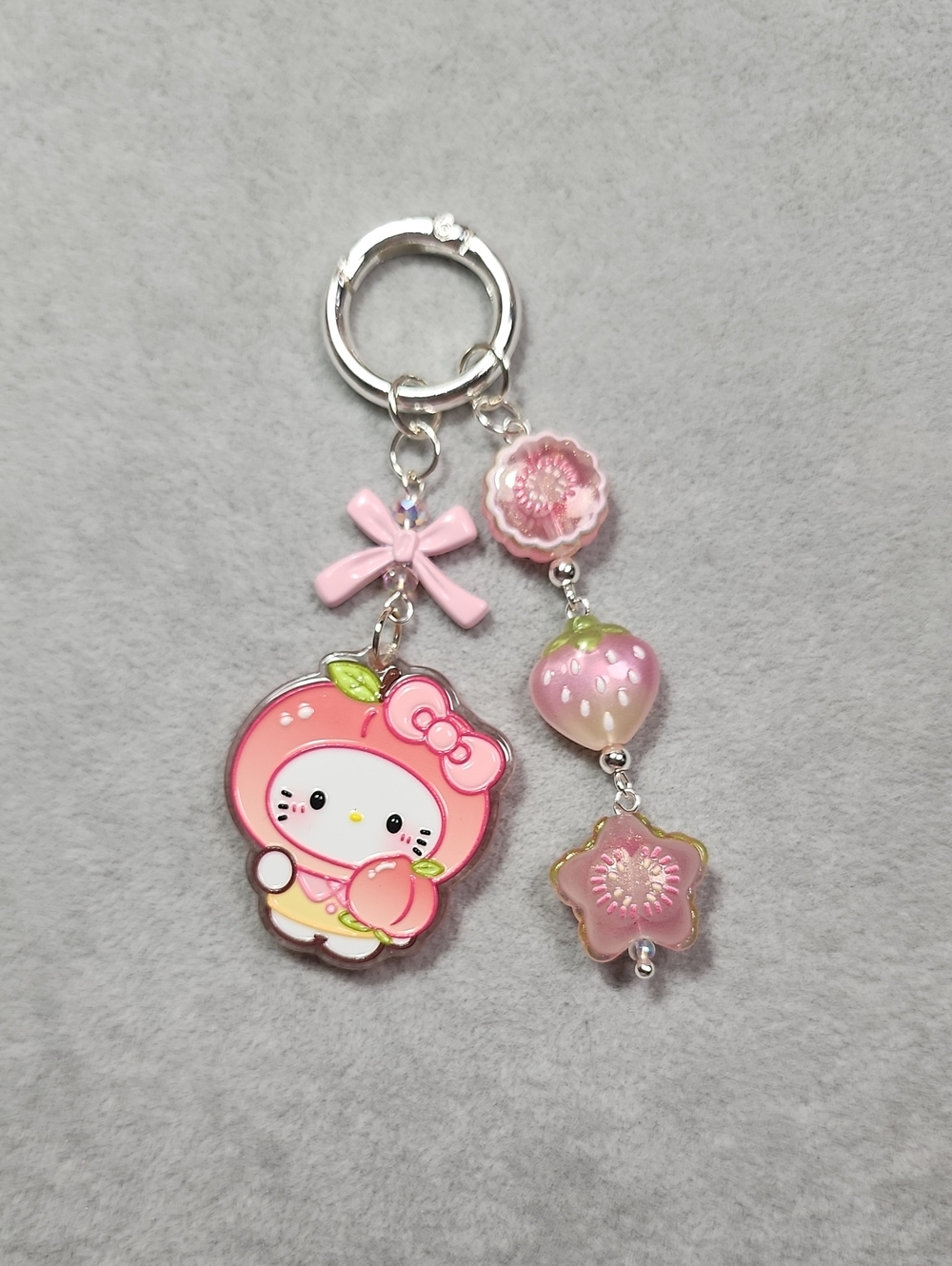 Pink Cute Hello Kitty Peach Keychain with Bow and Charm